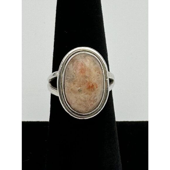 Vintage Sterling Silver Natural Stone Pale Pink Peach Cabochon Ring Size 6 - Picture 2 of 10